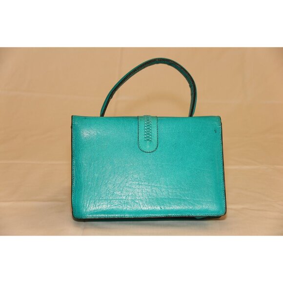Vintage 1965 Italian Handbag Leather Turquoise Braided With Handle Gold Hardware - Picture 2 of 6